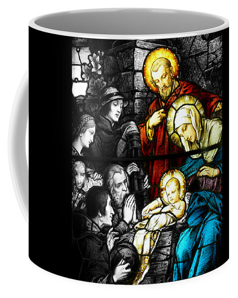 Nativity Coffee Mug featuring the photograph Nativity Shepherds in Black and White by Munir Alawi