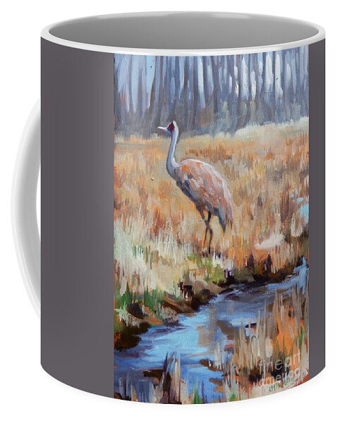 Sandhill Crane Coffee Mug featuring the painting Nature's Birdbath by K M Pawelec