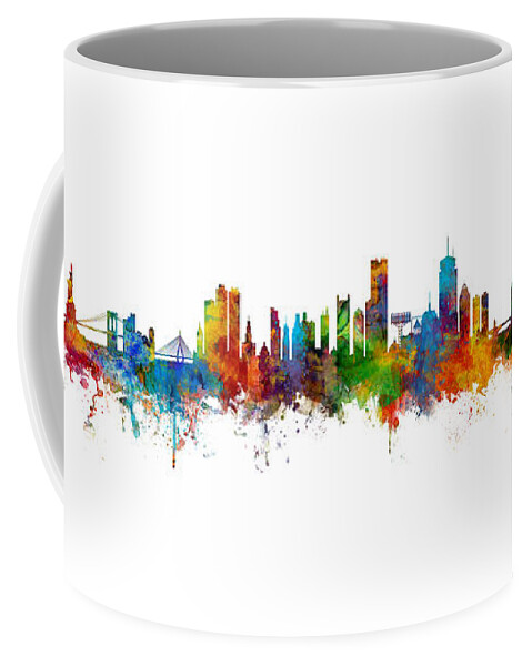 Toronto Coffee Mug featuring the digital art New York, Boston, Toronto Skylines Mashup by Michael Tompsett