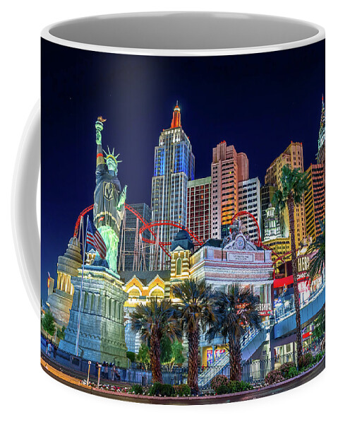 New York New York Casino Coffee Mug featuring the photograph New York New York Casino at Dusk Low Angle Golden Knights by Aloha Art