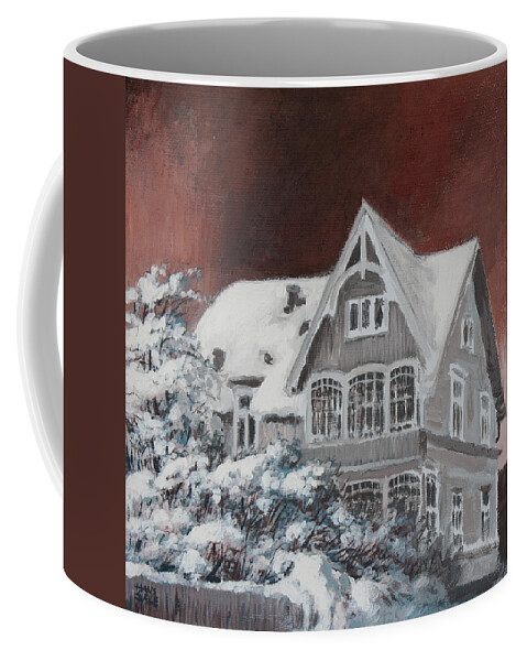 Hans Saele Coffee Mug featuring the painting Nordic Town Houses - Under the Blood Red Sky by Hans Egil Saele