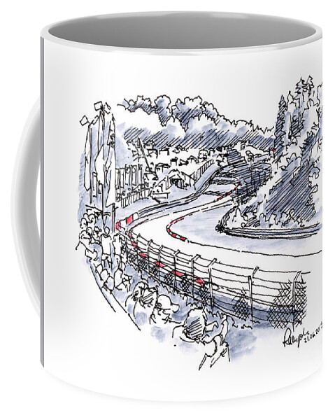 Nuerburgring Coffee Mug featuring the drawing Nuerburgring Nordschleife Hatzenbach Racetrack Ink Drawing and W by Frank Ramspott