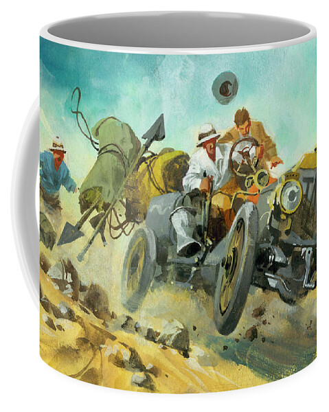 Blue Coffee Mug featuring the painting Off roading during a Ten thousand mile motor race by Ferdinando Tacconi