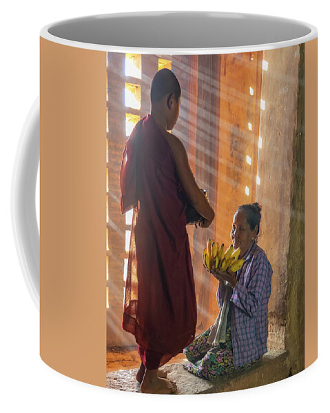 Boy Coffee Mug featuring the photograph offering to young Buddhist monk by Ann Moore