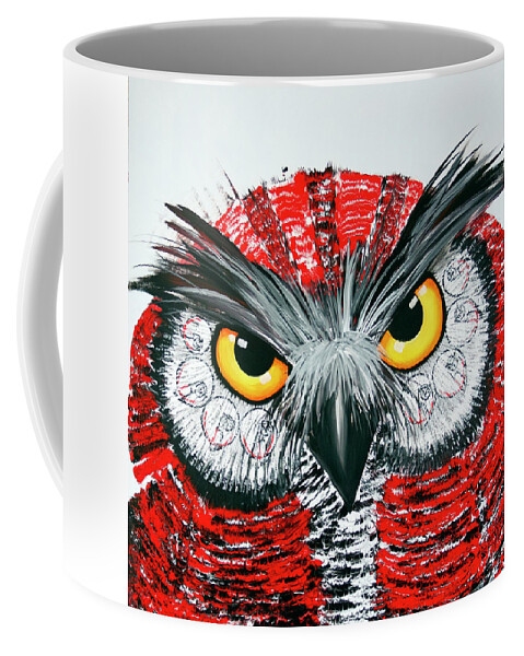 Owl Coffee Mug featuring the painting OL Red White Black by Laurel Bahe
