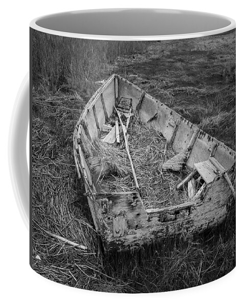 Aground Coffee Mug featuring the photograph Old Boat in Tidal Marsh II BW by David Gordon