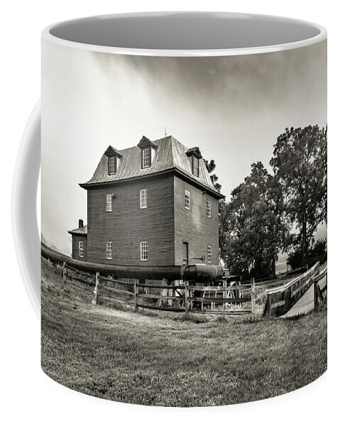 Big Otter Mill Coffee Mug featuring the photograph Foggy Old Mill in Sepia by Norma Brandsberg