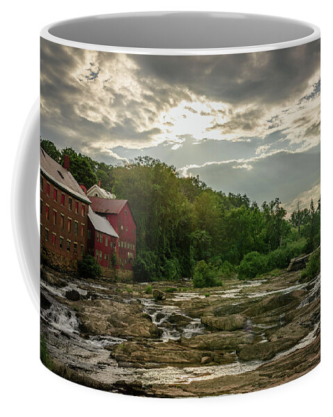Landscape Coffee Mug featuring the photograph Old Red Building on the River by Mike Whalen