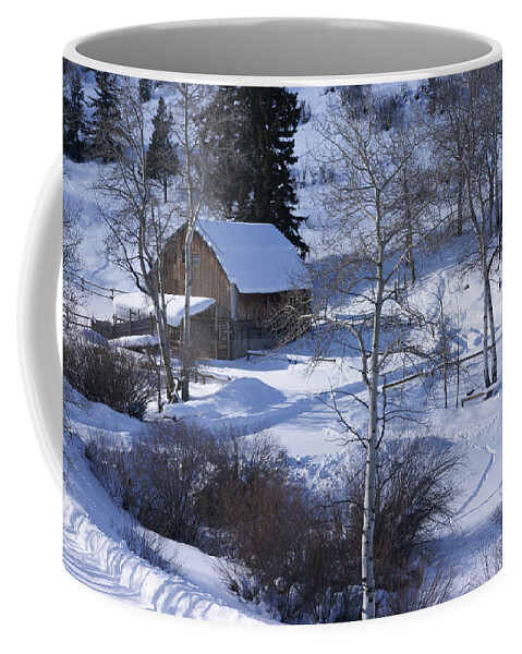 Snow Coffee Mug featuring the photograph Old western barn in snow with aspens by Steve Estvanik