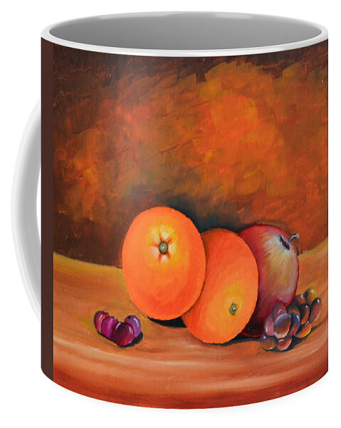 This Still Life Of Fruit Was Done In Oil. I Enjoy Doing Still Life's Of Fruits And Other Objects. I Did An Impressionist Background Because I Want The Focus On The Still Life. The Oranges Coffee Mug featuring the painting Oranges and Apple by Martin Schmidt