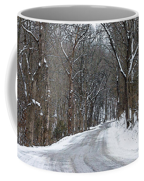 Country Road Coffee Mug featuring the mixed media Ozark Snow Covered Road Painterly by Jennifer White