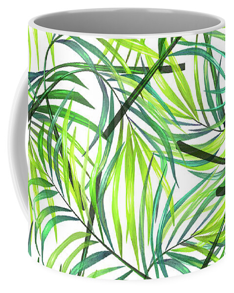 Palm Coffee Mug featuring the mixed media Palm Leaf Pattern 1 - Tropical Leaf Pattern - Green, White - Tropical, Botanical Pattern Design by Studio Grafiikka