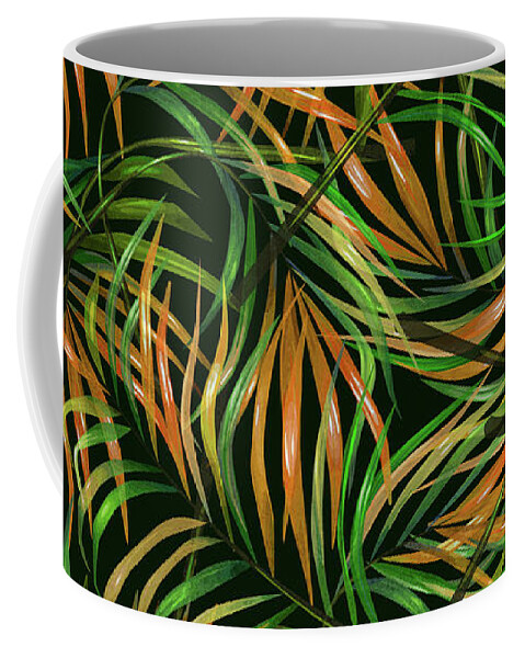 Palm Coffee Mug featuring the mixed media Palm Leaf Pattern 3 - Tropical Leaf Pattern - Green, Orange - Tropical, Botanical Pattern Design by Studio Grafiikka