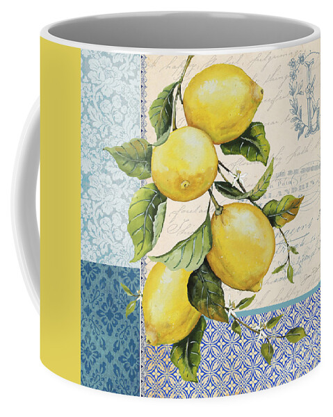 Lemon Coffee Mug featuring the mixed media Patchwork Lemons A by Jean Plout