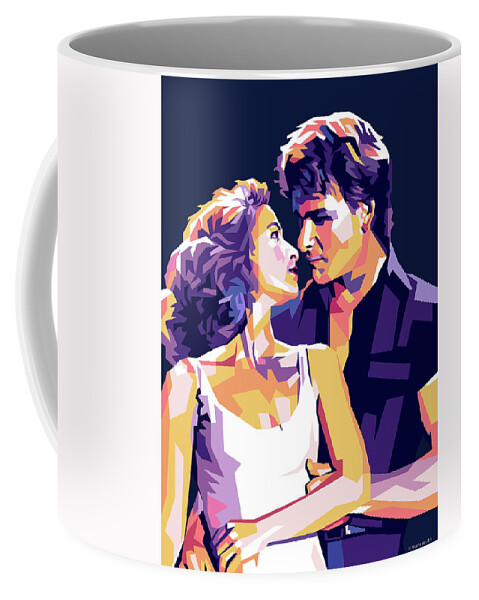 Synopsis Coffee Mug featuring the digital art Patrick Swayze and Jennifer Grey in ''Dirty Dancing'', with synopsis by Movie World Posters