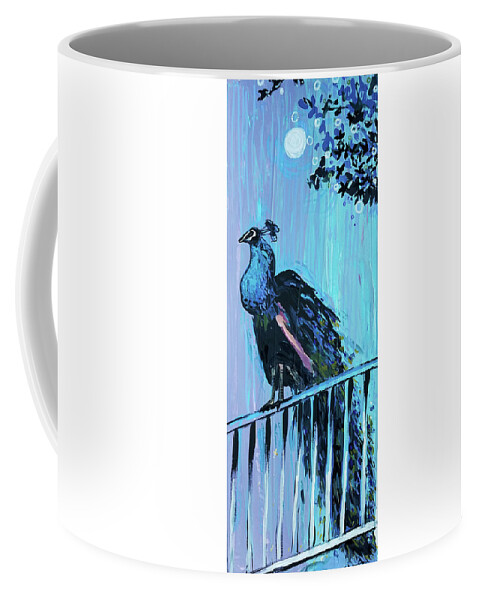 Bird Coffee Mug featuring the painting Peacock on a fence by Tilly Strauss