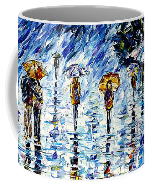 Rainy City Scenery Coffee Mug featuring the painting People In The Rain II by Mirek Kuzniar