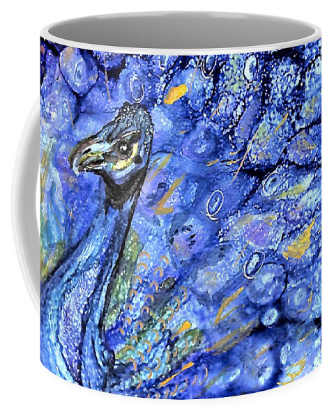 Peacock Coffee Mug featuring the painting Pesky Peacock by Patty Donoghue