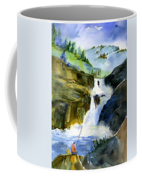 American River Coffee Mug featuring the painting Petroglyph Falls Fishing by Joan Chlarson