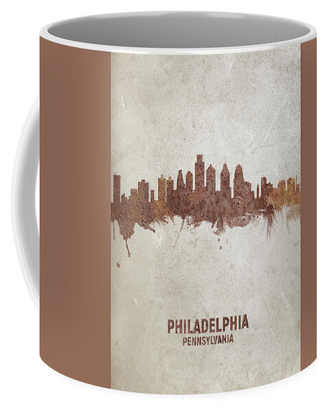Philadelphia Coffee Mug featuring the digital art Philadelphia Pennsylvania Rust Skyline by Michael Tompsett