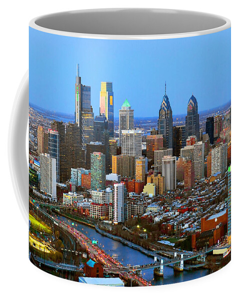 Philadelphia Skyline At Dusk Coffee Mug featuring the photograph Philadelphia Skyline at Dusk 2018 by Jon Holiday