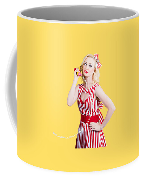 Pinup Coffee Mug featuring the photograph Pin up woman ordering organic food on banana phone by Jorgo Photography