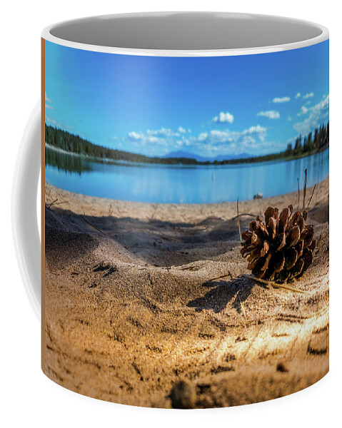 Pine Cone Coffee Mug featuring the photograph Pine cone on the beach by Thomas Nay