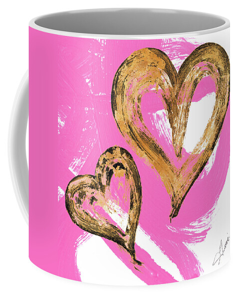Pink Coffee Mug featuring the painting Pink and Gold Heart Strokes II by Gina Ritter