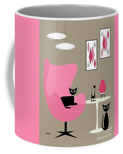 Mid Century Modern Coffee Mug featuring the digital art Pink Egg Chair with Cats by Donna Mibus