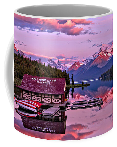 Maligne Lake Coffee Mug featuring the photograph Pink Maligne Lake Sunset Panorama by Adam Jewell