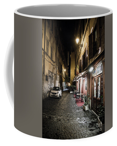 Italy Coffee Mug featuring the photograph Pizzeria in Abandoned Street at Night in Rome in Italy by Andreas Berthold