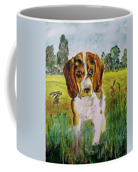 Beagle Coffee Mug featuring the painting Playmates by Mike Benton