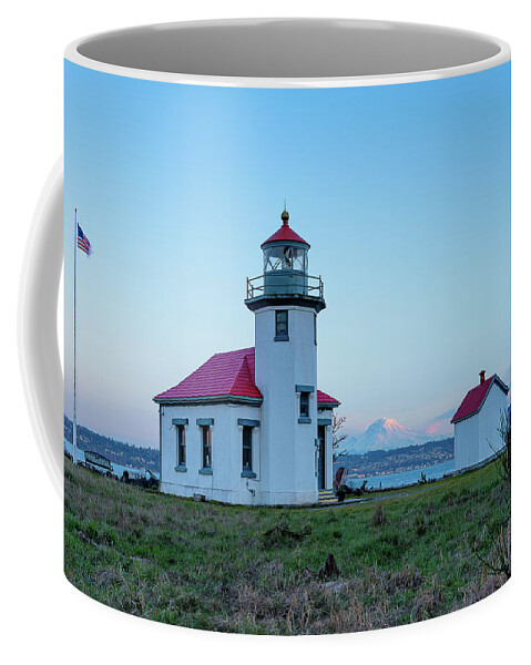 Outdoor; Beach; Maury Island; Vashon Island; Lighthouse; Point Robinson; Puget Sound; Sunset; Mt Rainier; Coffee Mug featuring the digital art Point Robinson Lighthouse at Maury Island, WA by Michael Lee