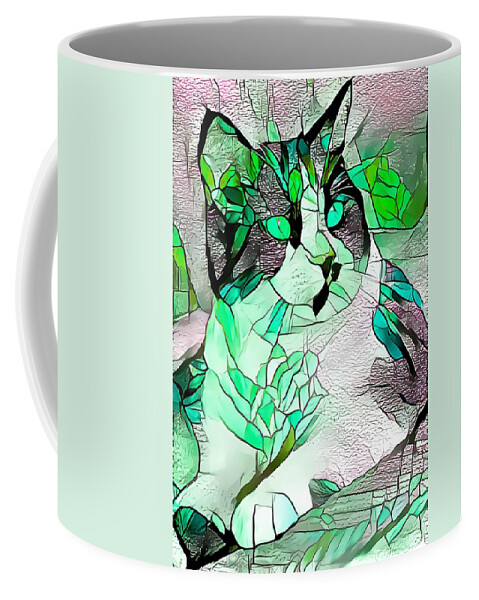 Stained Glass Coffee Mug featuring the digital art Pondering Green Tuxedo Cat by Don Northup