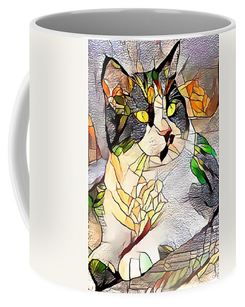 Stained Glass Coffee Mug featuring the digital art Pondering Tuxedo Cat Golden Orange by Don Northup