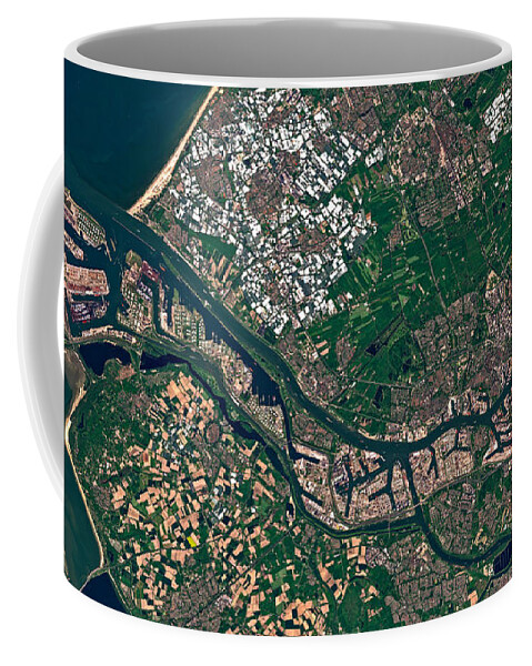 Satellite Image Coffee Mug featuring the digital art Port of Rotterdam from space by Christian Pauschert