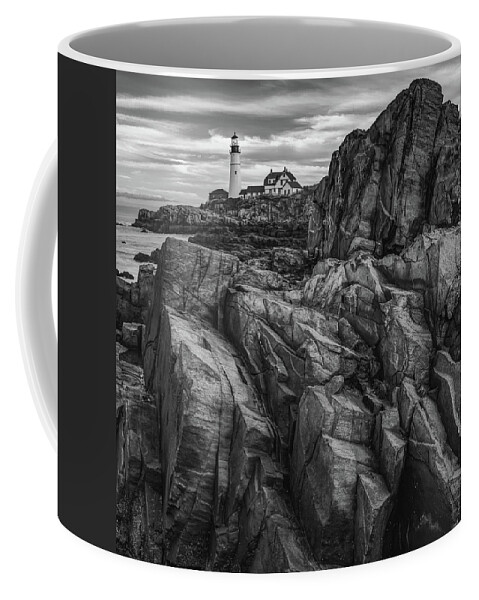 Portland Head Light Coffee Mug featuring the photograph Portland Head Light and Jagged Rocky Coast in Monochrome by Gregory Ballos