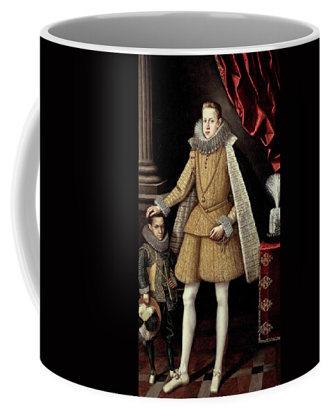 Portrait Of Infante Philip Future Phillip Iv With Dwarf Soplillo Coffee Mug featuring the painting 'Portrait of Infante Philip, future Phillip IV, with dwarf Soplillo', ... by Rodrigo de Villandrando -1588-1622-