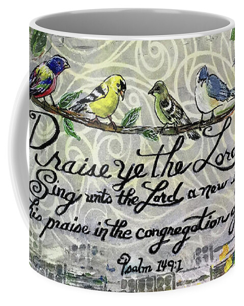 Little Birds Coffee Mug featuring the mixed media Praise Birds by Janis Lee Colon