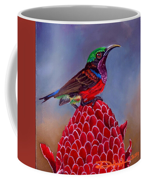 Birds Coffee Mug featuring the painting Purple Throated Sunbird on Red Torch Ginger by Dana Newman