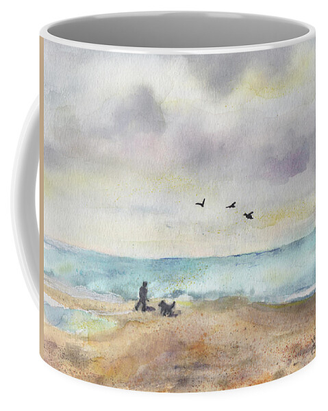 Watercolor Coffee Mug featuring the painting Pup on the Beach by Lisa Burbach