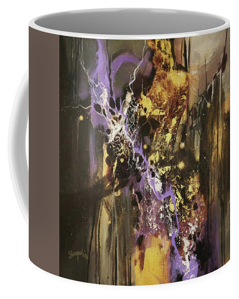 Abstract Coffee Mug featuring the painting Purple and Gold Fusion by Tom Shropshire