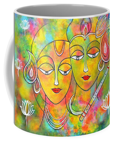 Holifestival Coffee Mug featuring the painting Radh Krishna Holi abstract II colorful vibrant by Manjiri Kanvinde