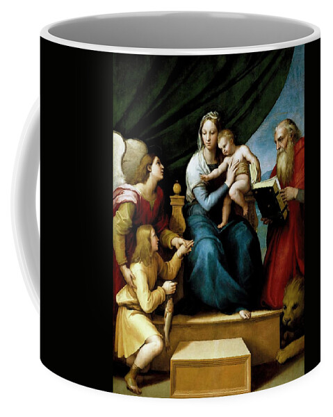 Raphael Coffee Mug featuring the painting Rafael 'The Holy Family with Raphael, Tobias and Saint Jerome, or the Virgin with a Fish',1513-1... by Raphael -1483-1520-
