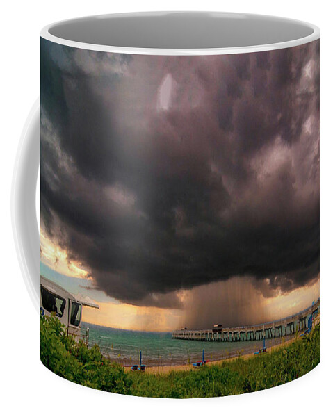 Clouds Coffee Mug featuring the photograph Rain Over Lake Worth Pier by Don Durfee