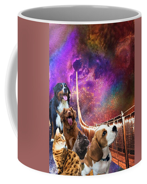 Cats Coffee Mug featuring the mixed media Rainbow Bridge - Cats and Dogs by Mary Poliquin - Policain Creations