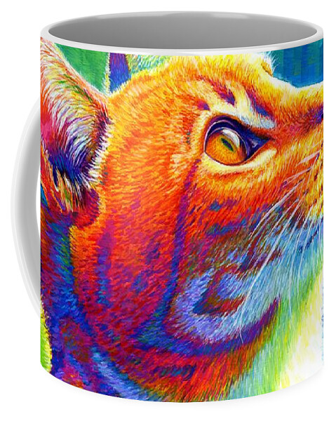 Cat Coffee Mug featuring the painting Anticipation - Psychedelic Rainbow Tabby Cat by Rebecca Wang