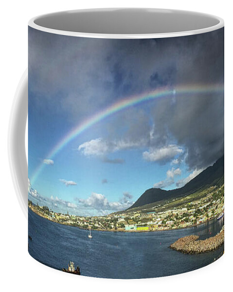 Rainbow Coffee Mug featuring the photograph Rainbow Panorama over Olivees Mountain on St. Kitts Island by Bill Swartwout