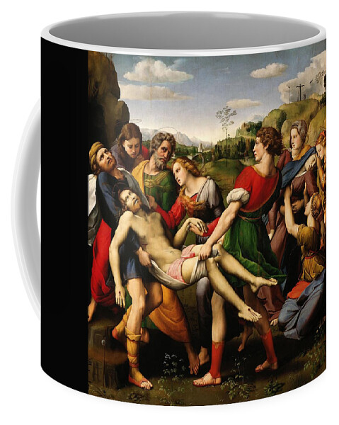 Heilige Maria Magdalena Coffee Mug featuring the painting Raphael / 'The Deposition -Pala Baglione-', 1507, Oil on wood, 184 x 176 cm. JESUS. MARY MAGDALENE. by Raphael -1483-1520-