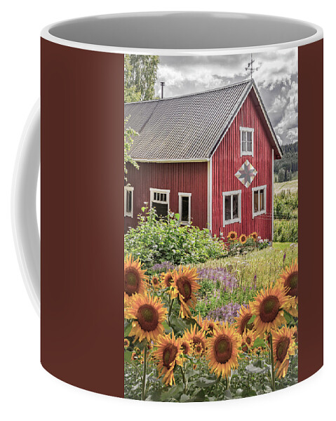 Barn Coffee Mug featuring the photograph Red Barn in Summer Country Sunflowers by Debra and Dave Vanderlaan